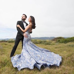 BlUE & GOLD FOIL STRAPLESS DRESS